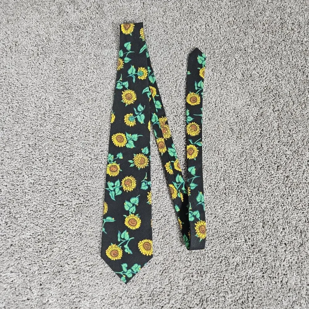 Vtg Britches Great Outdoors Necktie Black Cotton Sunflowers AOP 55